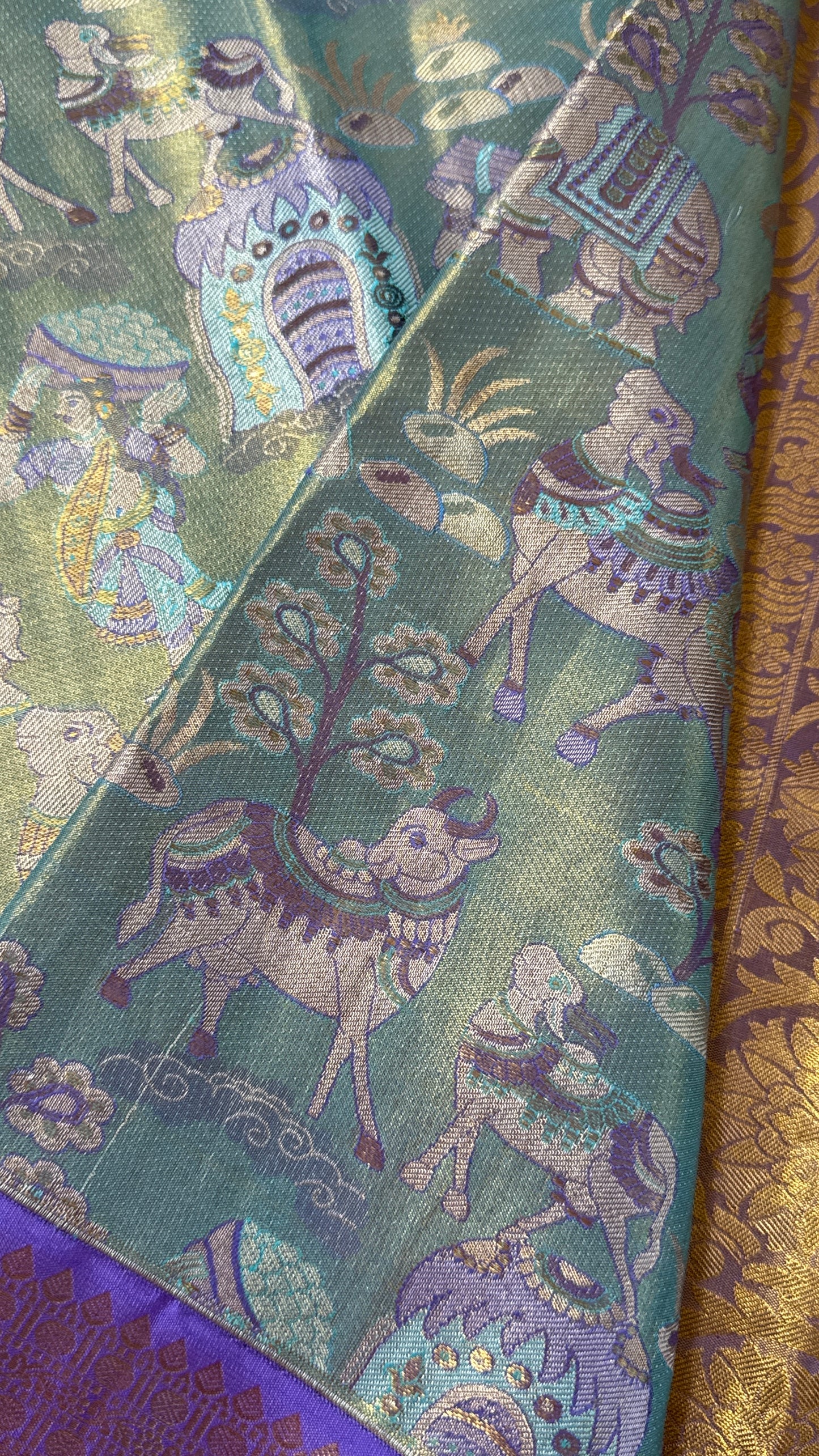 PURE TISSUE KANJIVARAM SILK HANDLOOM SAREE – SEA GREEN WITH PURPLE-GOLD BORDER