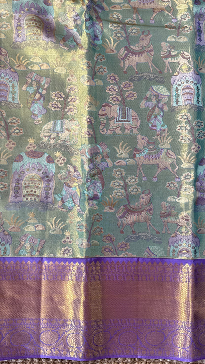 PURE TISSUE KANJIVARAM SILK HANDLOOM SAREE – SEA GREEN WITH PURPLE-GOLD BORDER