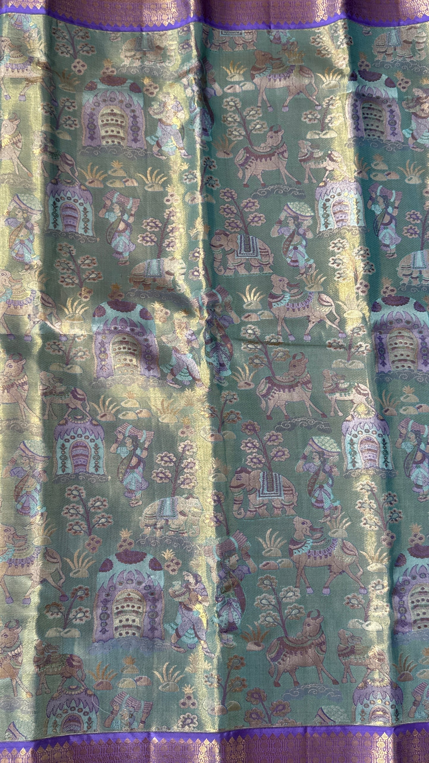 PURE TISSUE KANJIVARAM SILK HANDLOOM SAREE – SEA GREEN WITH PURPLE-GOLD BORDER