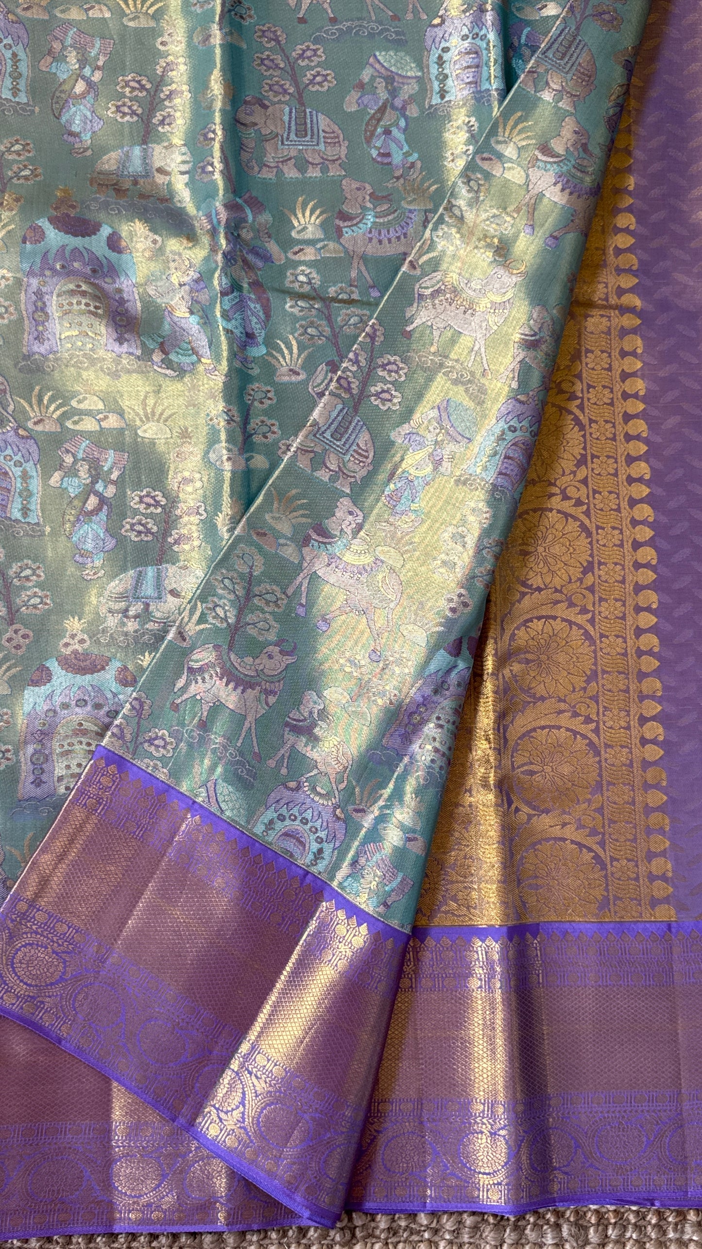 PURE TISSUE KANJIVARAM SILK HANDLOOM SAREE – SEA GREEN WITH PURPLE-GOLD BORDER
