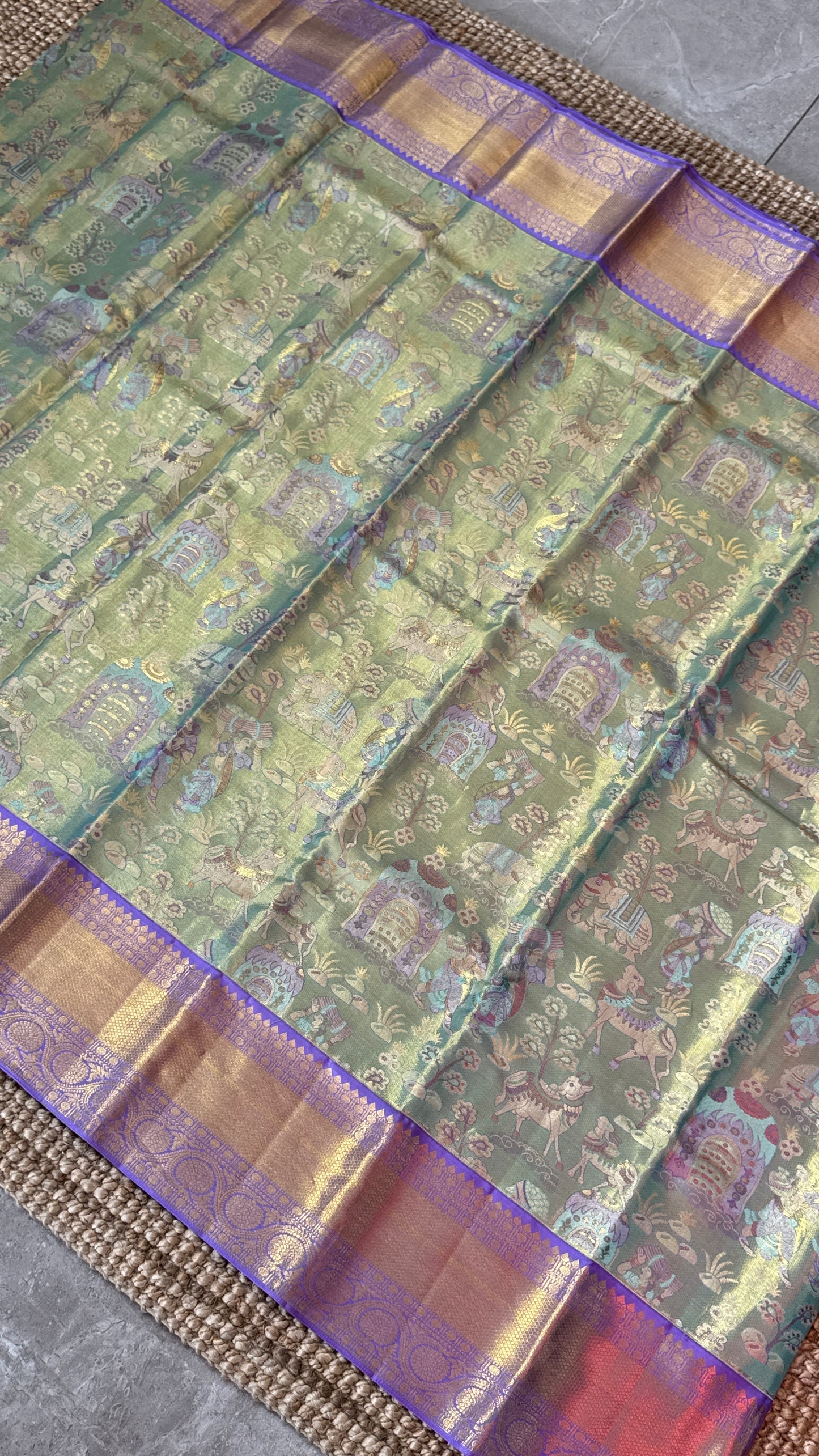 PURE TISSUE KANJIVARAM SILK HANDLOOM SAREE – SEA GREEN WITH PURPLE-GOLD BORDER