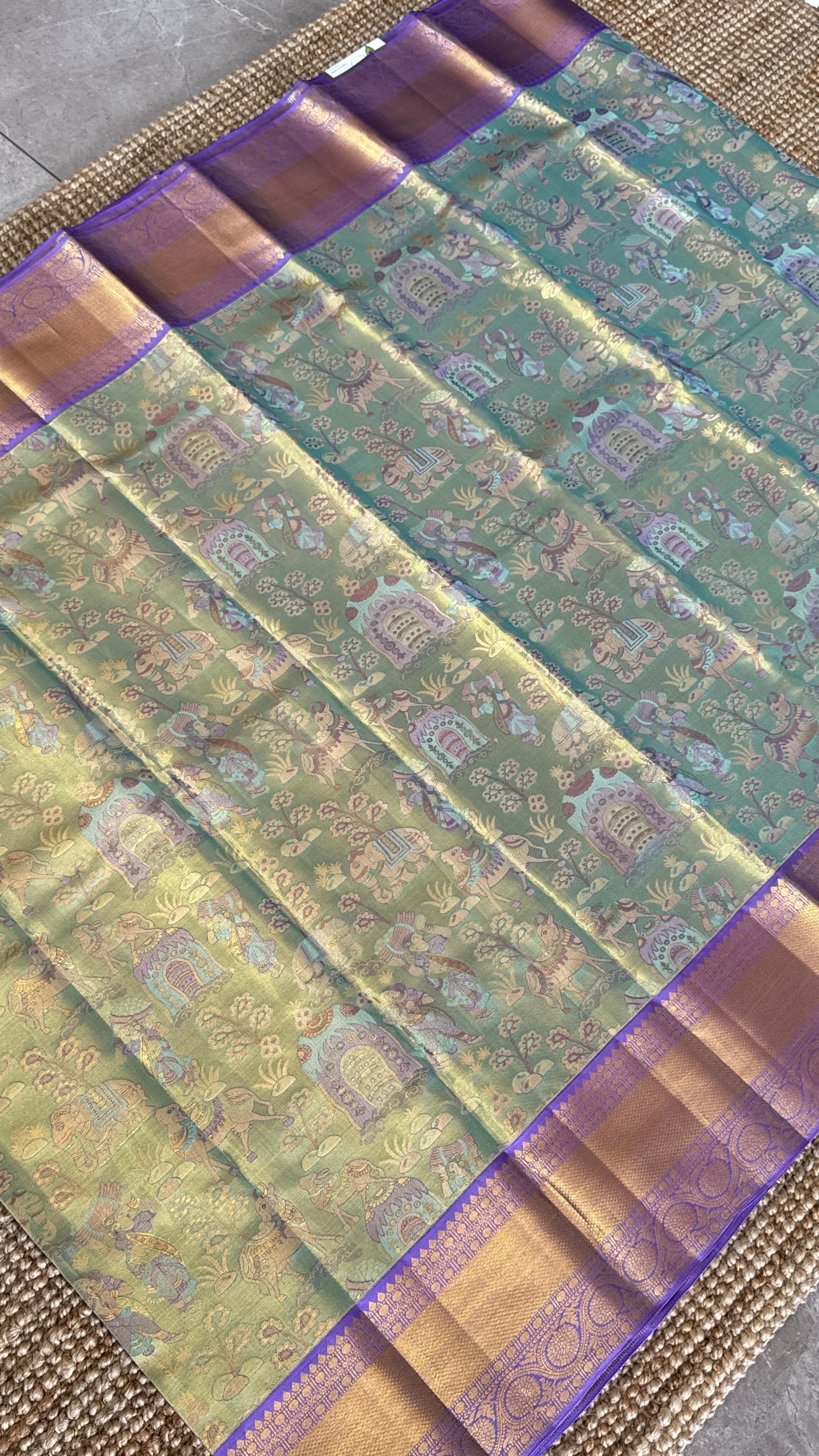 PURE TISSUE KANJIVARAM SILK HANDLOOM SAREE – SEA GREEN WITH PURPLE-GOLD BORDER