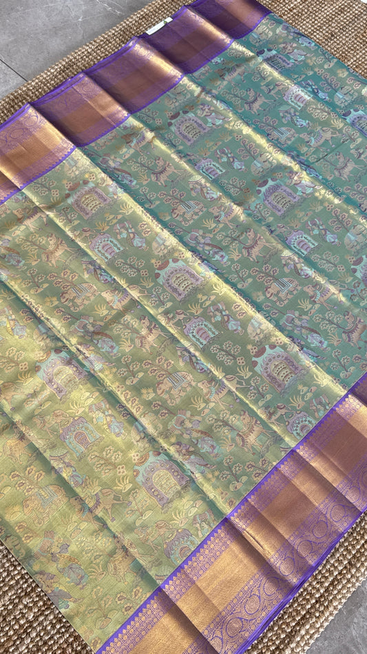 PURE TISSUE KANJIVARAM SILK HANDLOOM SAREE – SEA GREEN WITH PURPLE-GOLD BORDER