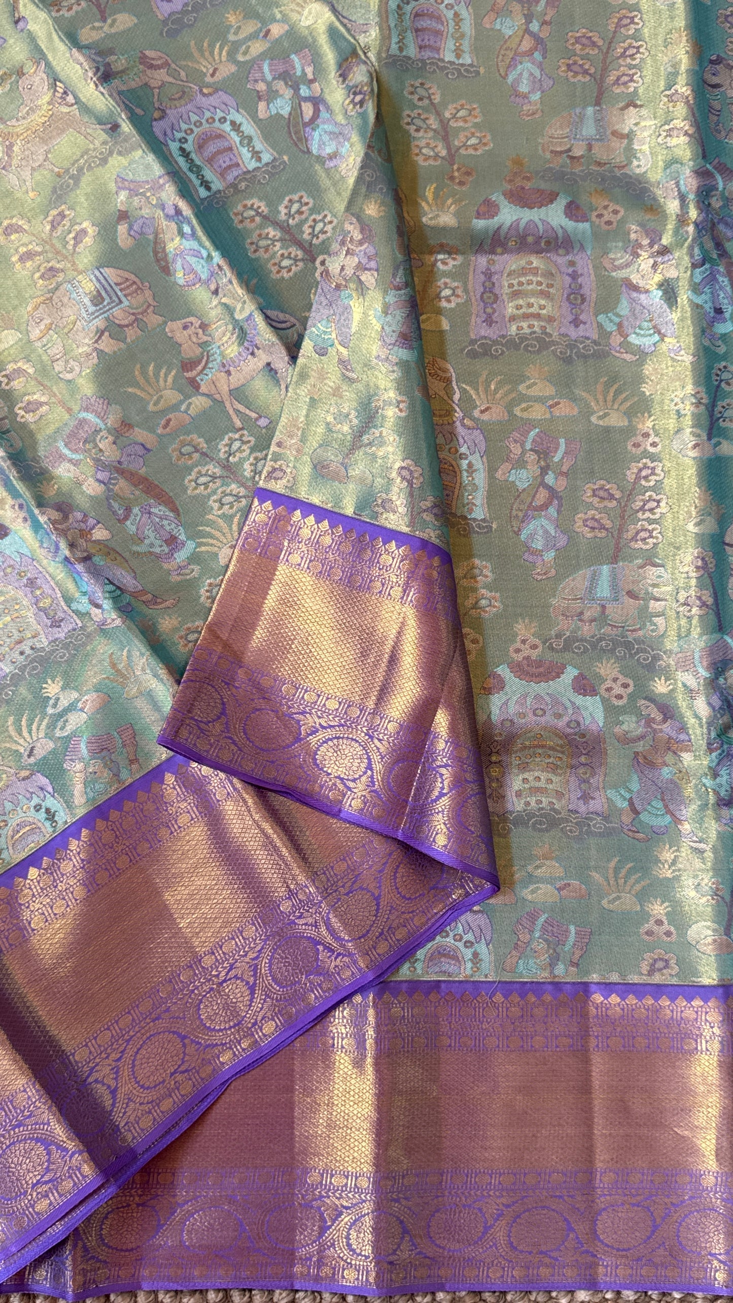 PURE TISSUE KANJIVARAM SILK HANDLOOM SAREE – SEA GREEN WITH PURPLE-GOLD BORDER
