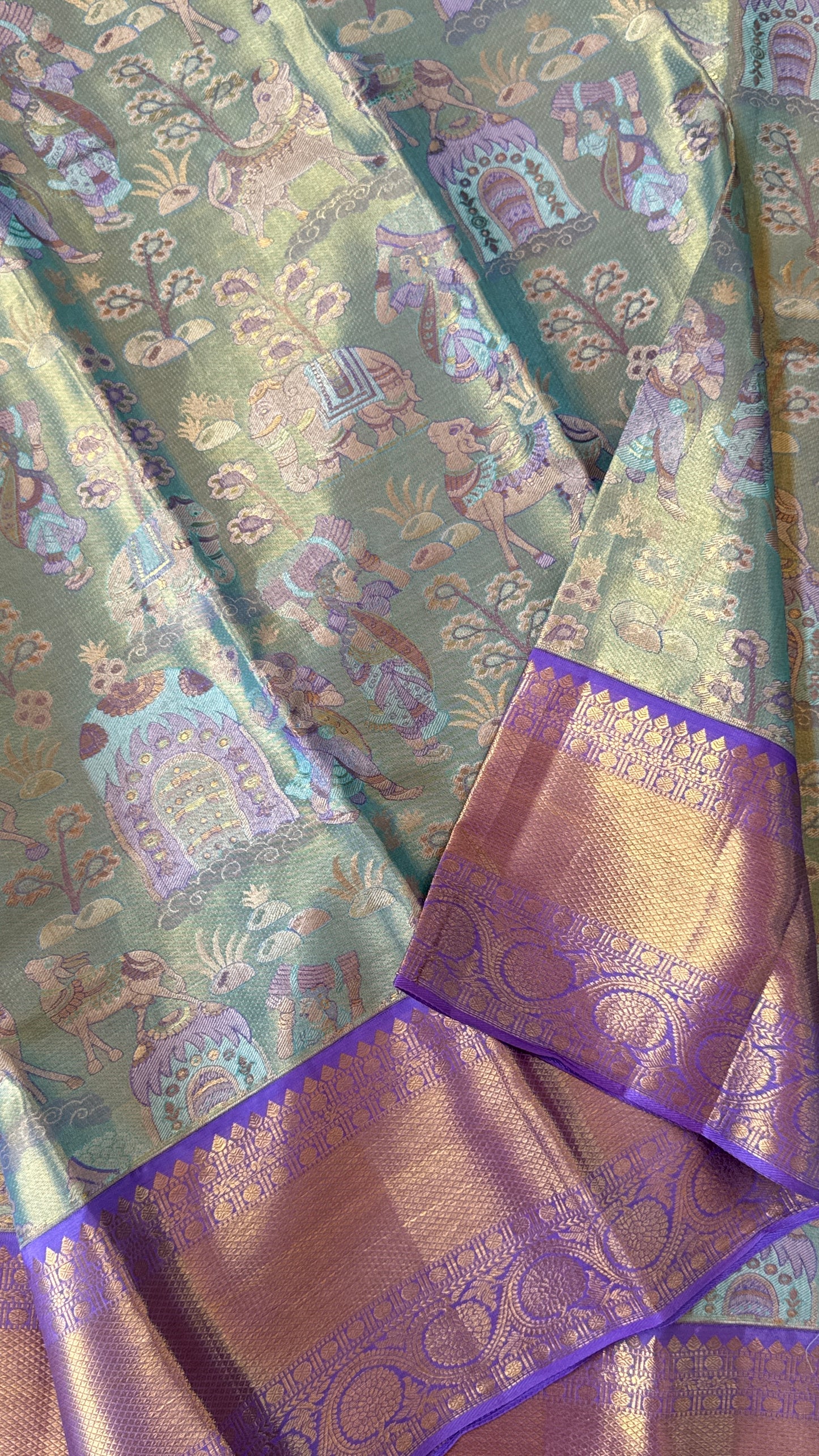 PURE TISSUE KANJIVARAM SILK HANDLOOM SAREE – SEA GREEN WITH PURPLE-GOLD BORDER