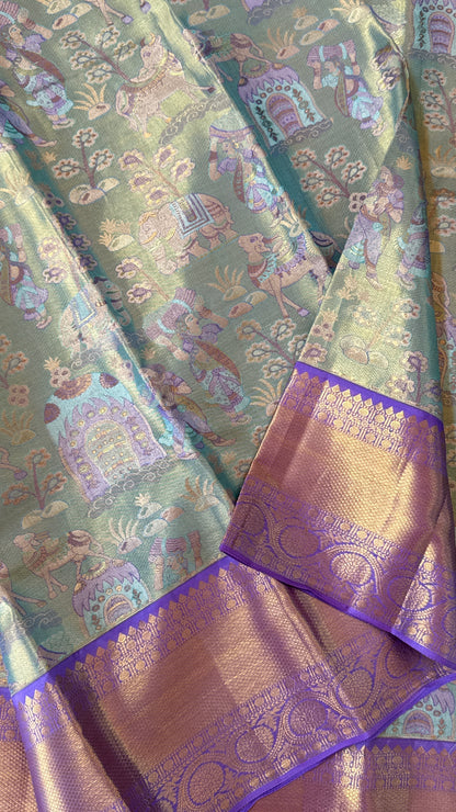PURE TISSUE KANJIVARAM SILK HANDLOOM SAREE – SEA GREEN WITH PURPLE-GOLD BORDER
