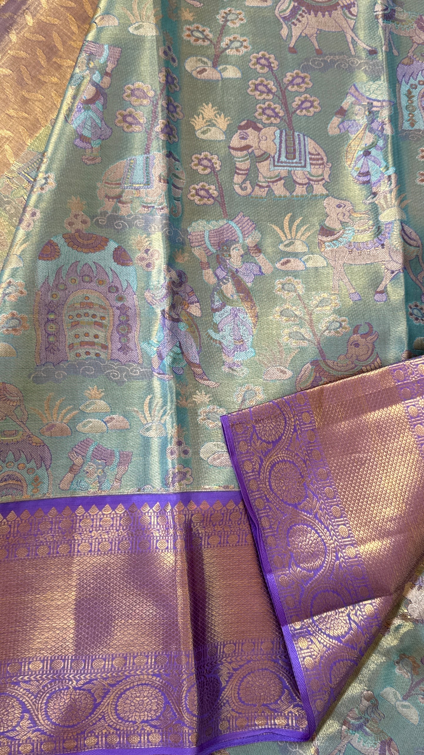PURE TISSUE KANJIVARAM SILK HANDLOOM SAREE – SEA GREEN WITH PURPLE-GOLD BORDER