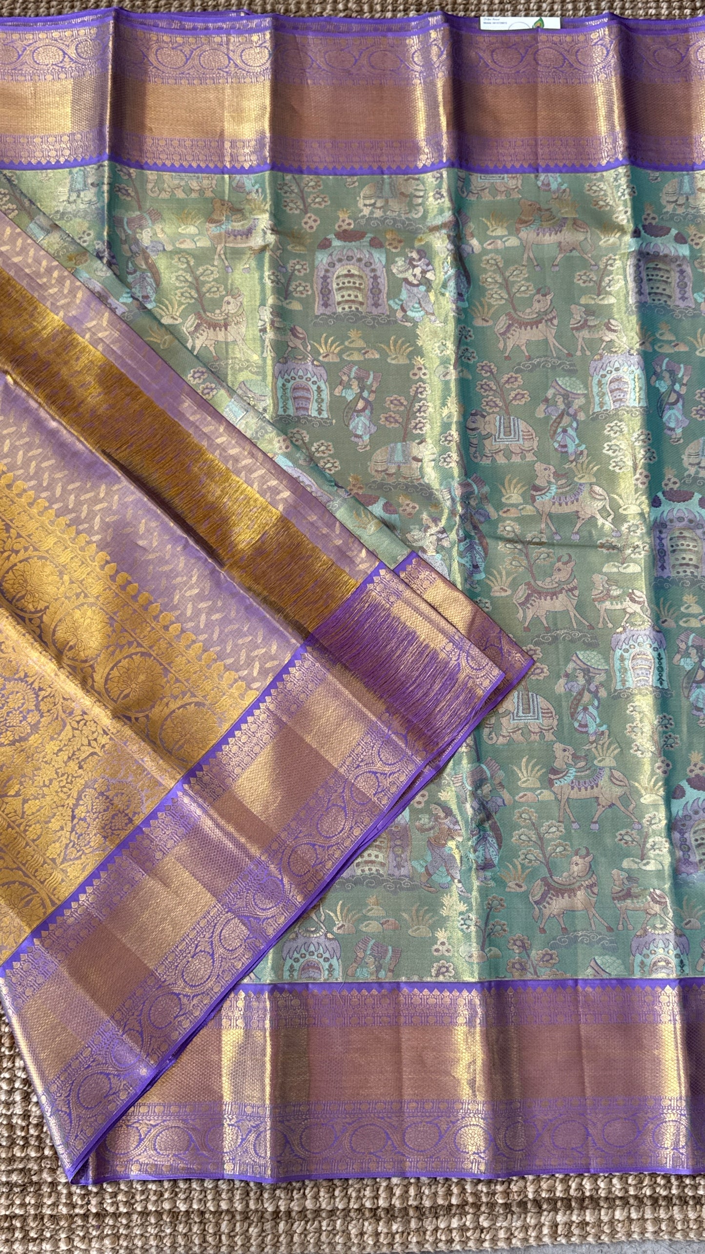 PURE TISSUE KANJIVARAM SILK HANDLOOM SAREE – SEA GREEN WITH PURPLE-GOLD BORDER