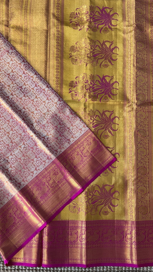PURE TISSUE KANJIVARAM SILK HANDLOOM SAREE – PINK WITH GOLD BORDER