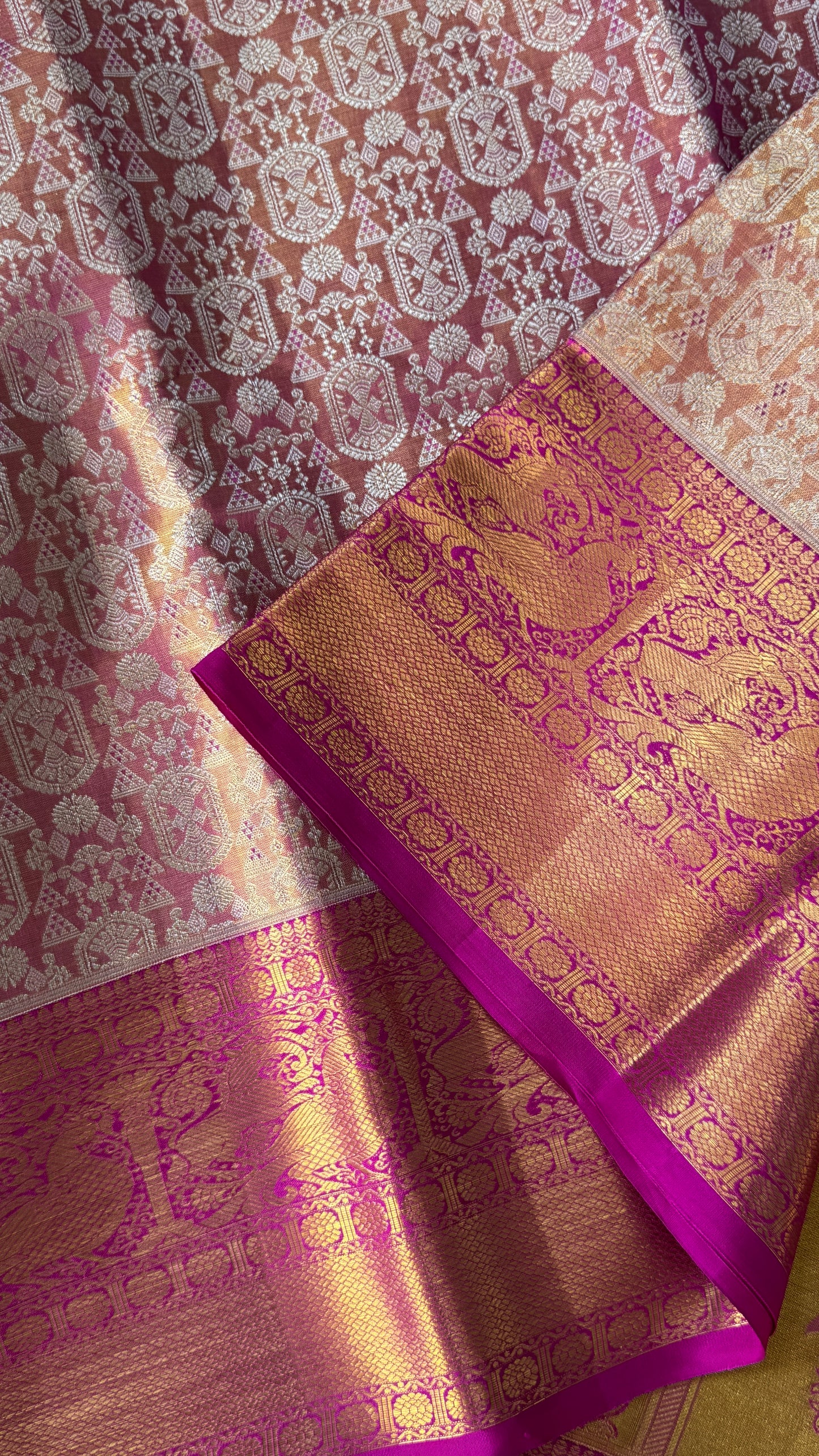 PURE TISSUE KANJIVARAM SILK HANDLOOM SAREE – PINK WITH GOLD BORDER