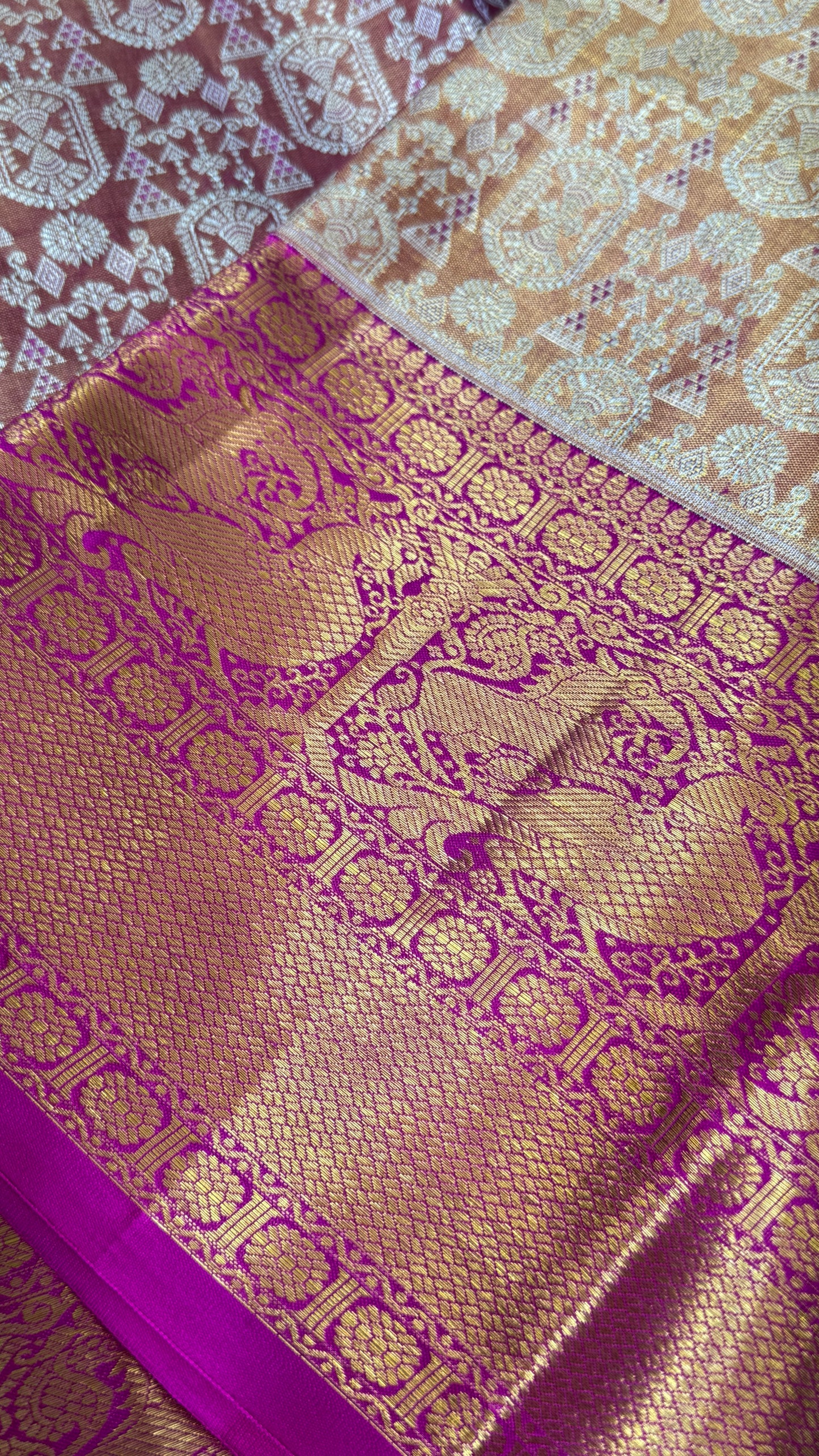 PURE TISSUE KANJIVARAM SILK HANDLOOM SAREE – PINK WITH GOLD BORDER