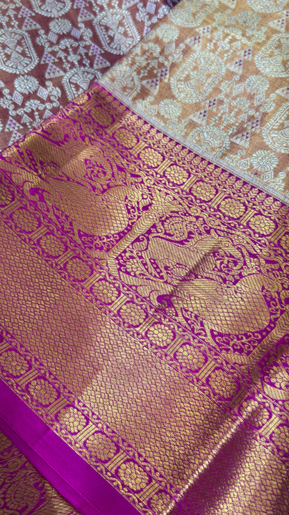 PURE TISSUE KANJIVARAM SILK HANDLOOM SAREE – PINK WITH GOLD BORDER