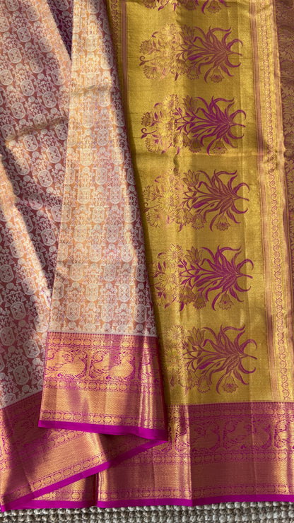 PURE TISSUE KANJIVARAM SILK HANDLOOM SAREE – PINK WITH GOLD BORDER