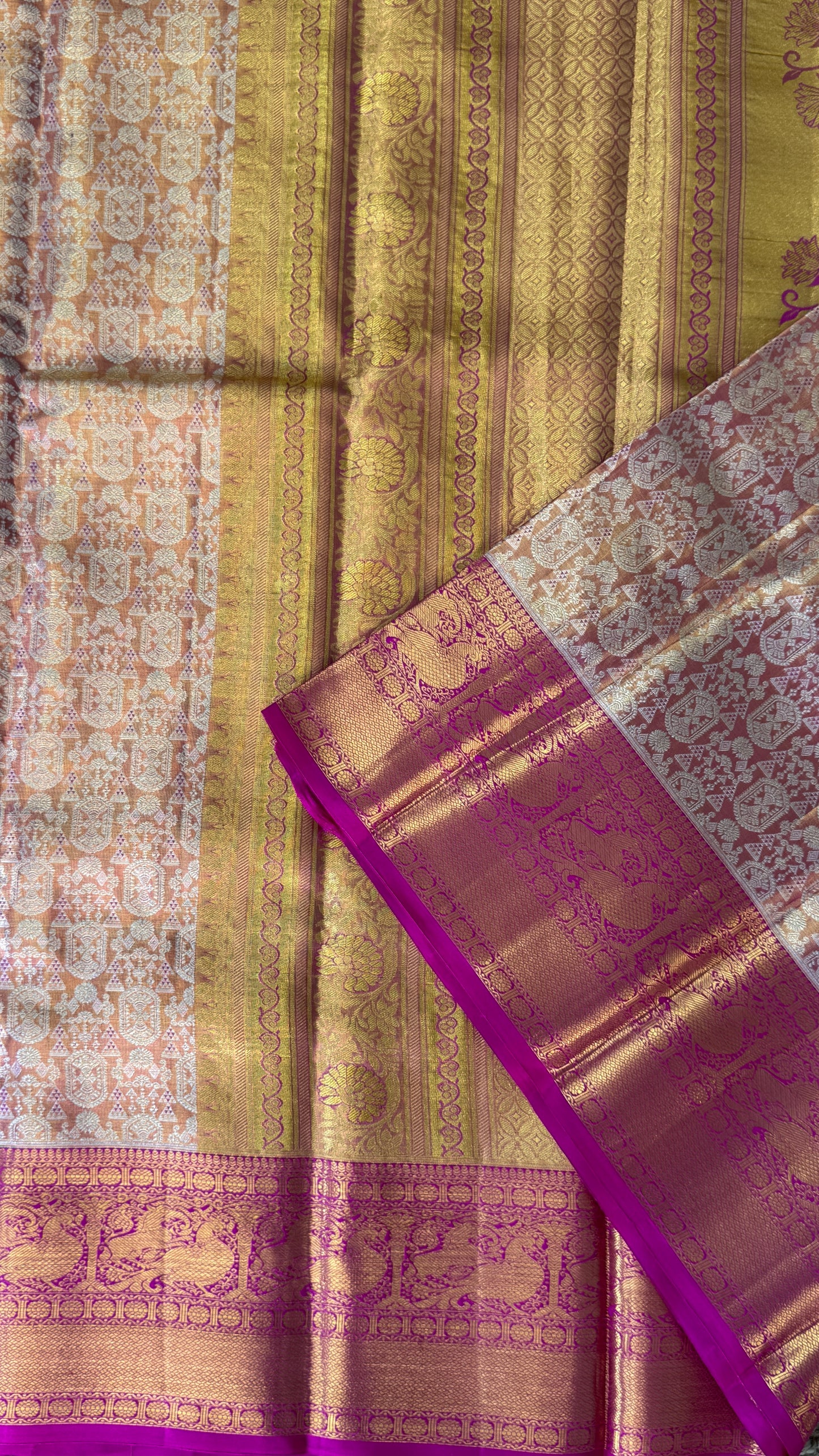 PURE TISSUE KANJIVARAM SILK HANDLOOM SAREE – PINK WITH GOLD BORDER