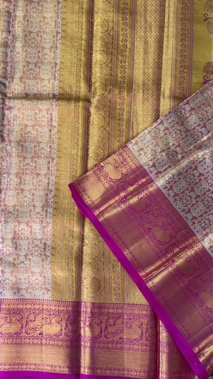 PURE TISSUE KANJIVARAM SILK HANDLOOM SAREE – PINK WITH GOLD BORDER