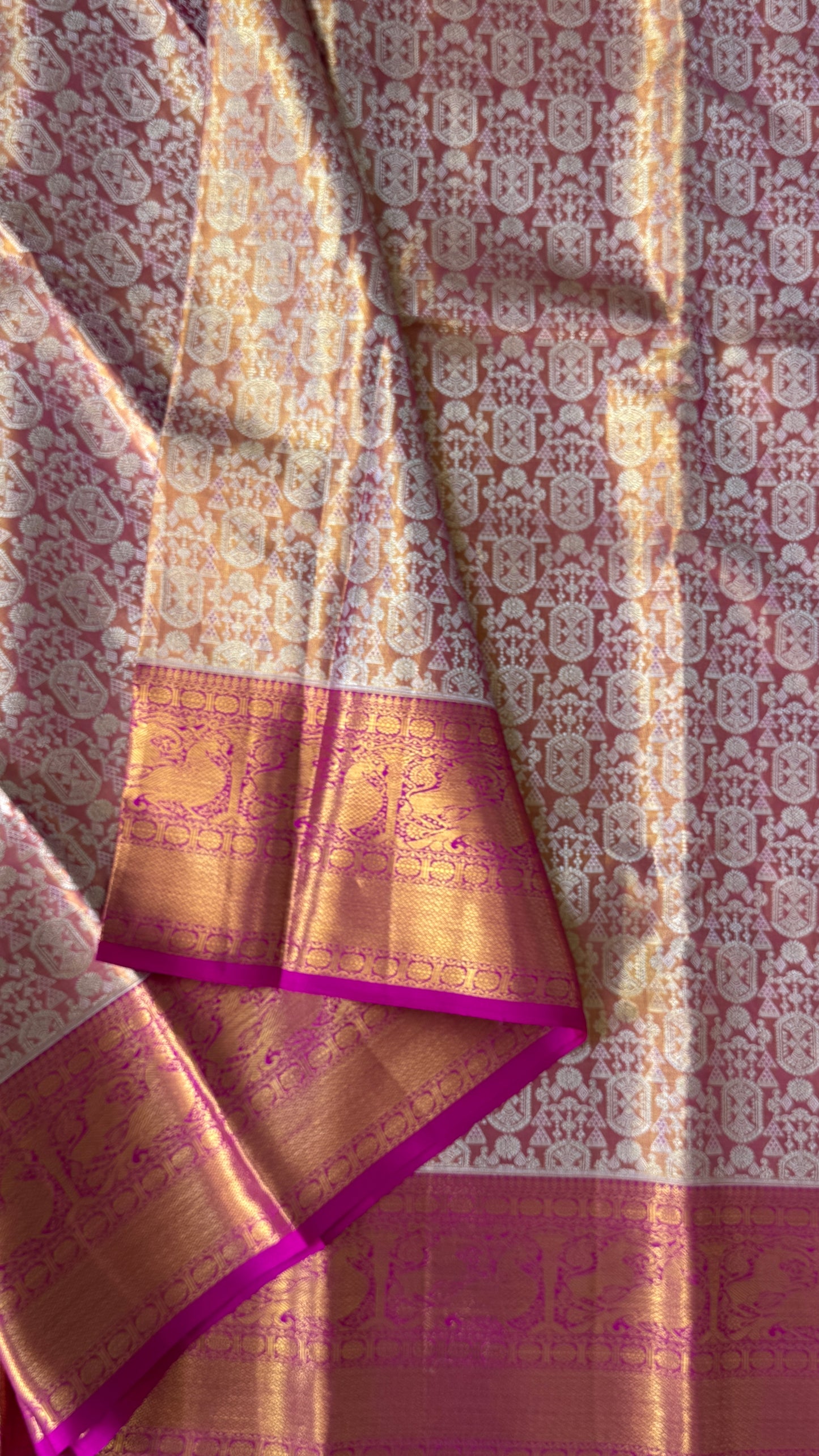 PURE TISSUE KANJIVARAM SILK HANDLOOM SAREE – PINK WITH GOLD BORDER