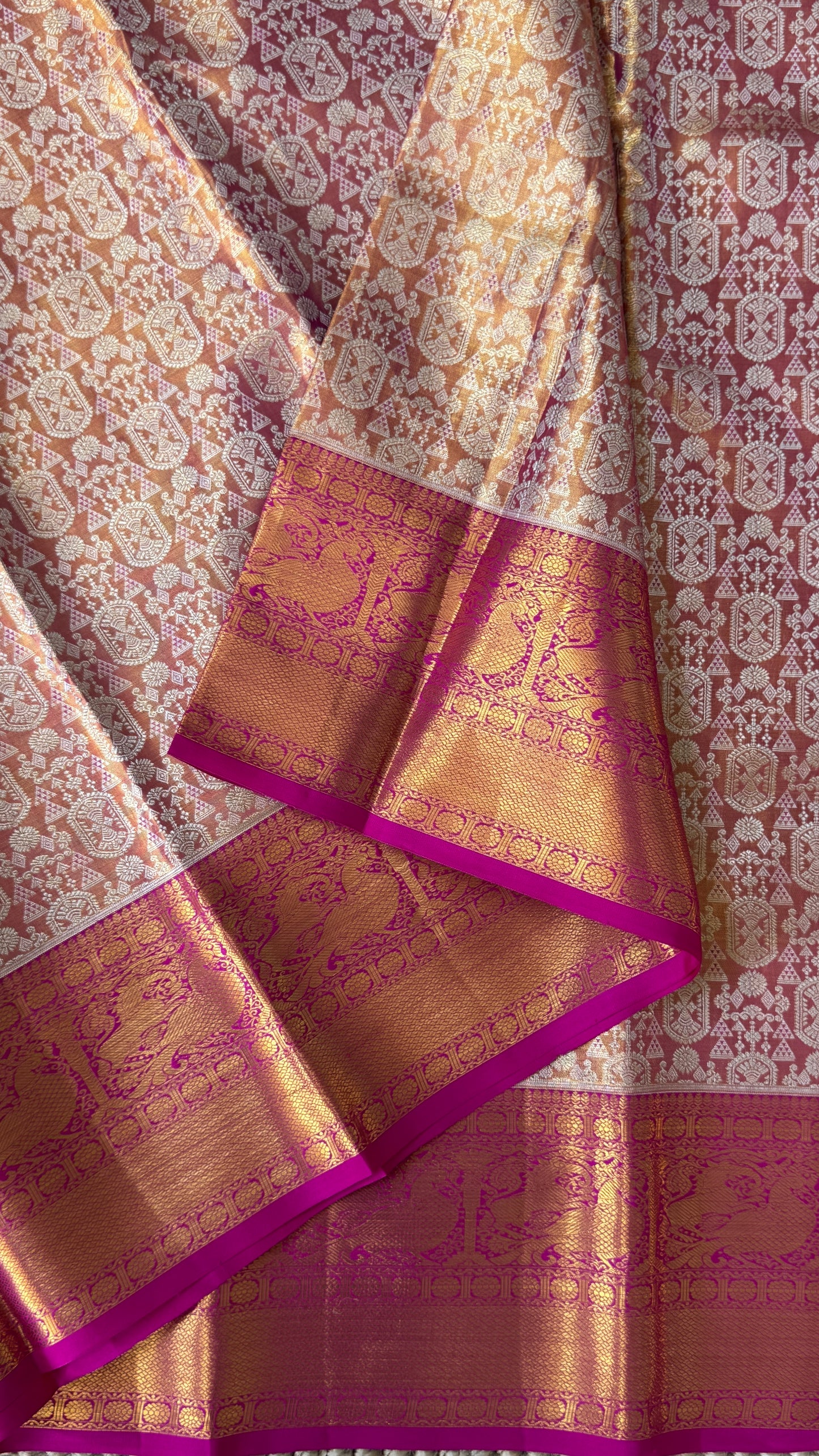 PURE TISSUE KANJIVARAM SILK HANDLOOM SAREE – PINK WITH GOLD BORDER