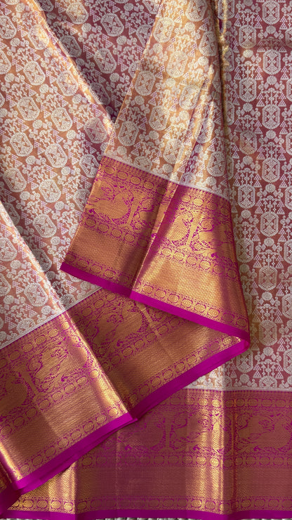 PURE TISSUE KANJIVARAM SILK HANDLOOM SAREE – PINK WITH GOLD BORDER