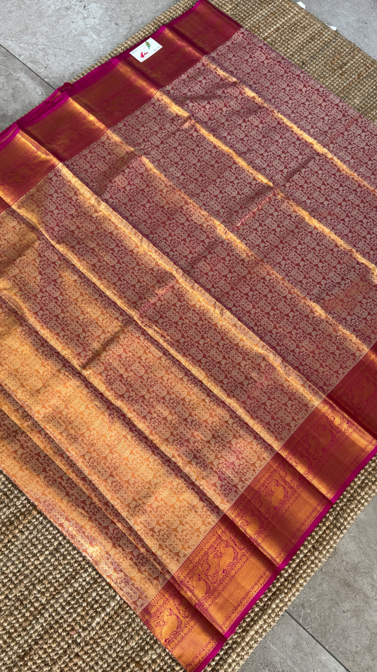 PURE TISSUE KANJIVARAM SILK HANDLOOM SAREE – PINK WITH GOLD BORDER
