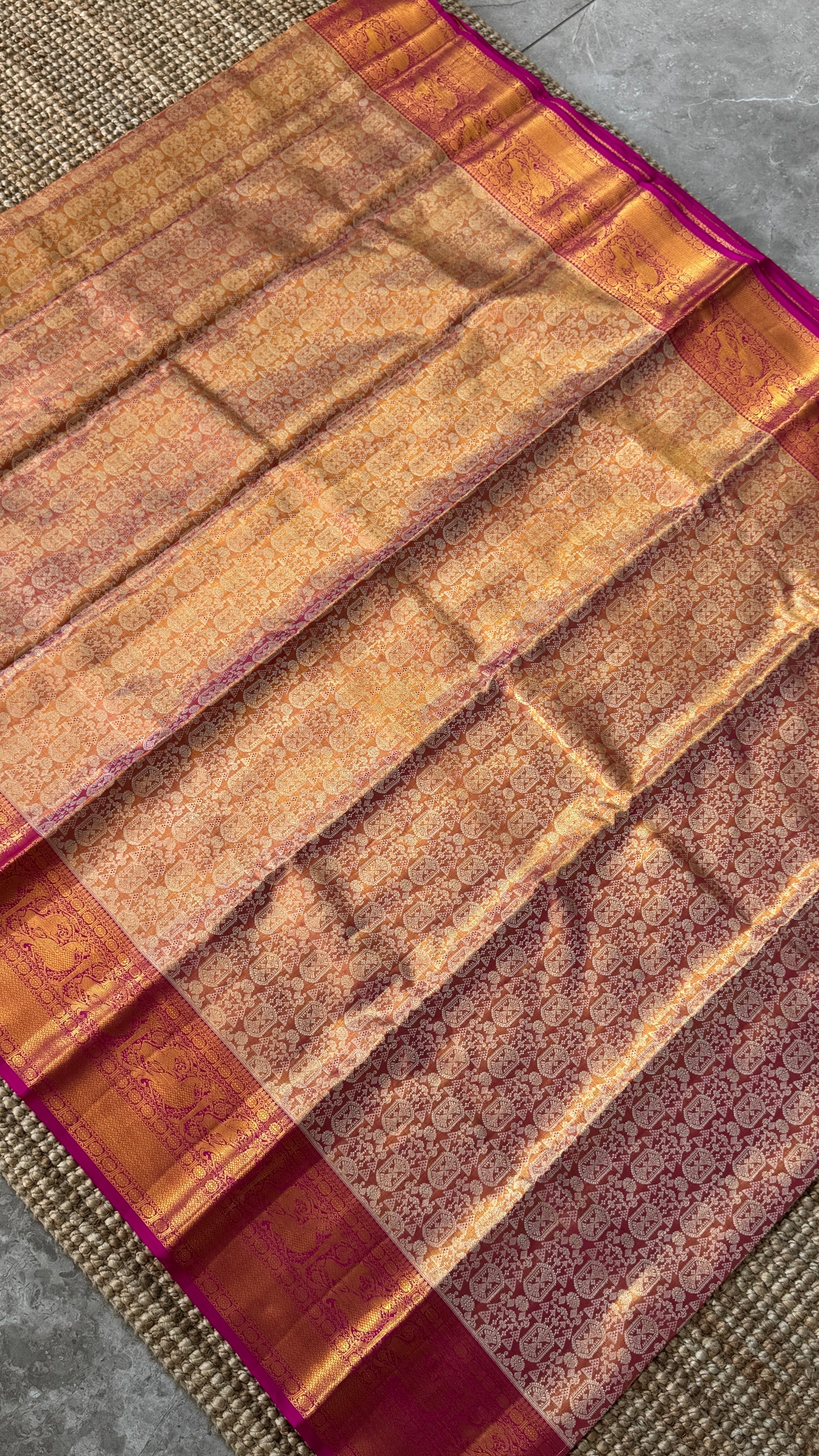 PURE TISSUE KANJIVARAM SILK HANDLOOM SAREE – PINK WITH GOLD BORDER