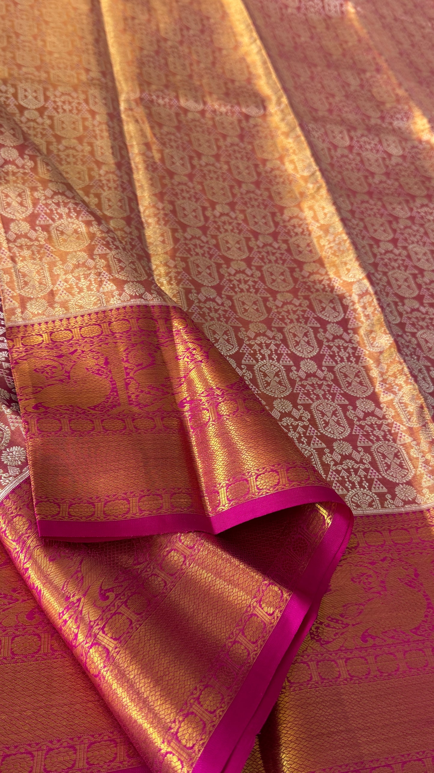 PURE TISSUE KANJIVARAM SILK HANDLOOM SAREE – PINK WITH GOLD BORDER