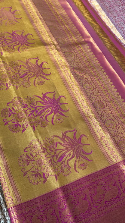 PURE TISSUE KANJIVARAM SILK HANDLOOM SAREE – PINK WITH GOLD BORDER