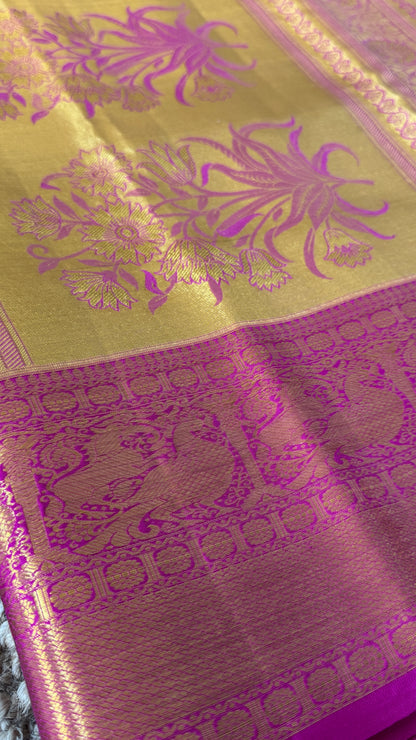 PURE TISSUE KANJIVARAM SILK HANDLOOM SAREE – PINK WITH GOLD BORDER