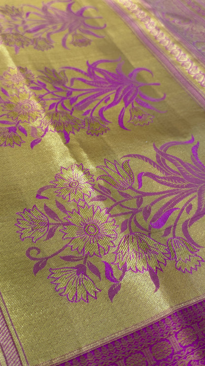 PURE TISSUE KANJIVARAM SILK HANDLOOM SAREE – PINK WITH GOLD BORDER