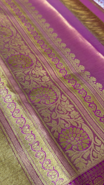 PURE TISSUE KANJIVARAM SILK HANDLOOM SAREE – PINK WITH GOLD BORDER