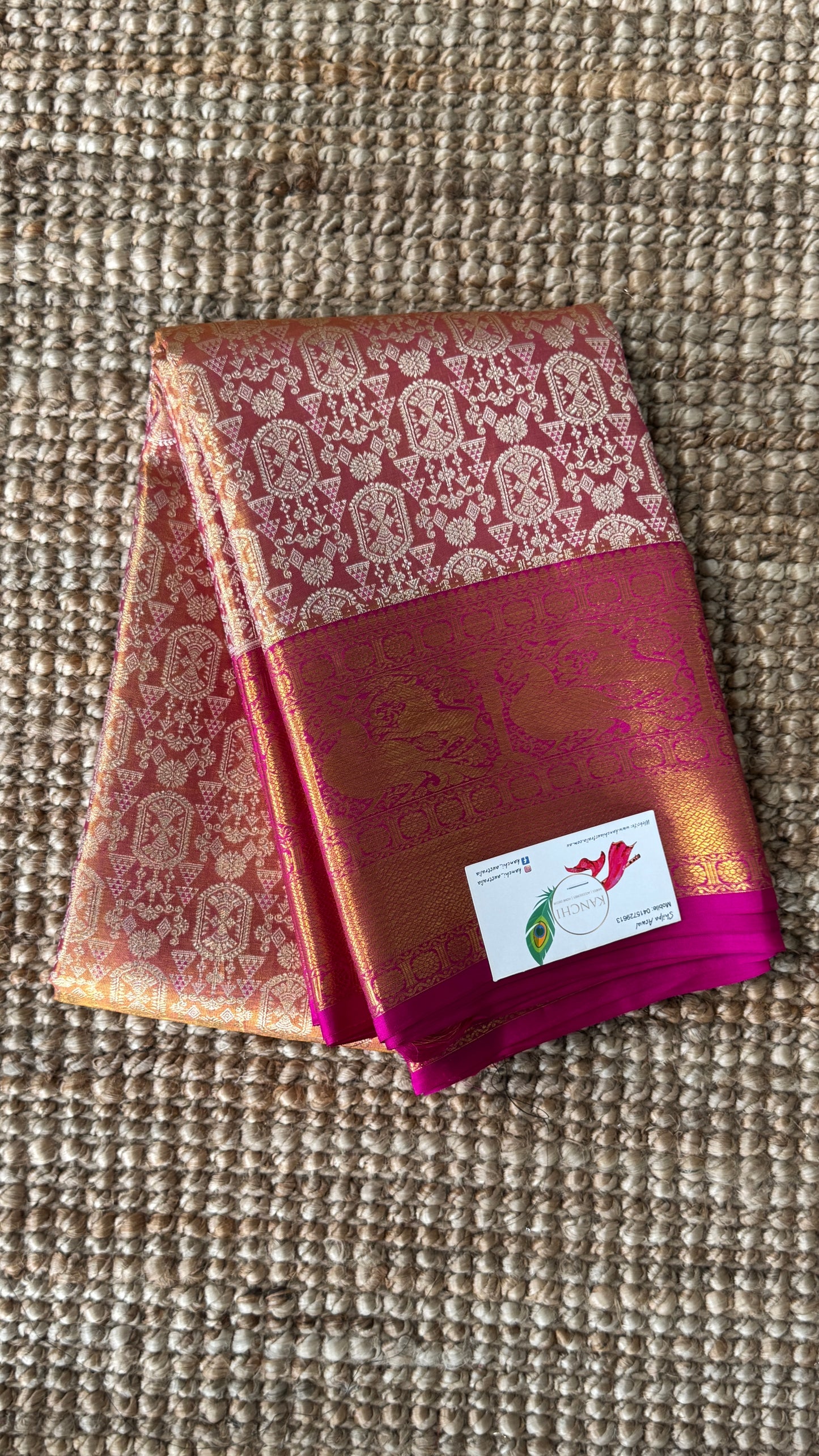 PURE TISSUE KANJIVARAM SILK HANDLOOM SAREE – PINK WITH GOLD BORDER