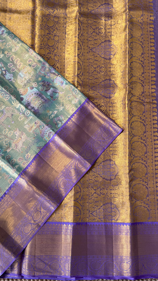 PURE TISSUE KANJIVARAM SILK HANDLOOM SAREE – SEA GREEN WITH PURPLE-GOLD BORDER
