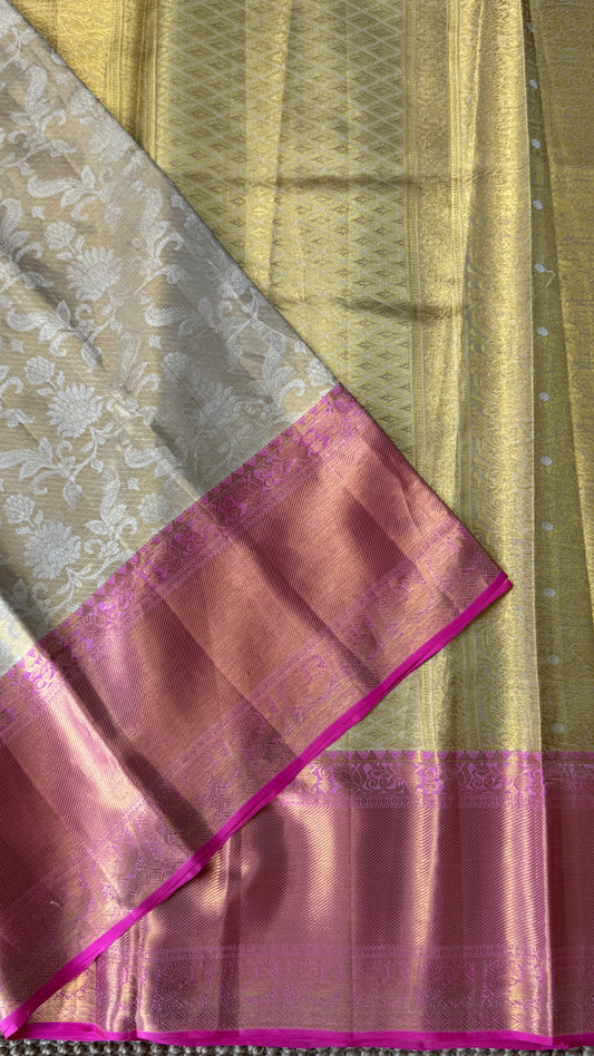 PURE TISSUE KANJIVARAM SILK HANDLOOM SAREE – BEIGE WITH PINK BORDER