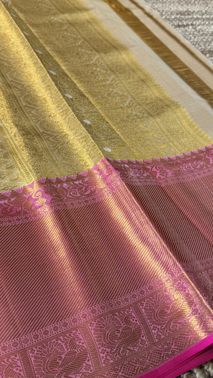 PURE TISSUE KANJIVARAM SILK HANDLOOM SAREE – BEIGE WITH PINK BORDER