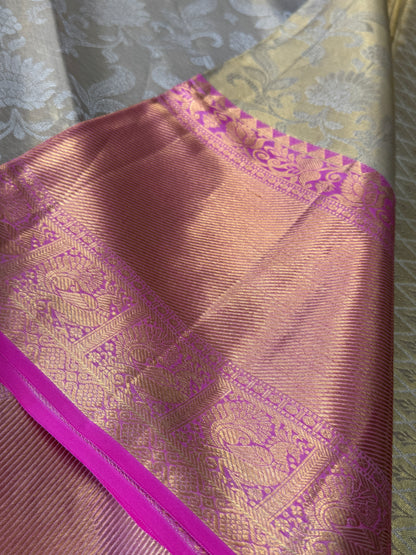 PURE TISSUE KANJIVARAM SILK HANDLOOM SAREE – BEIGE WITH PINK BORDER