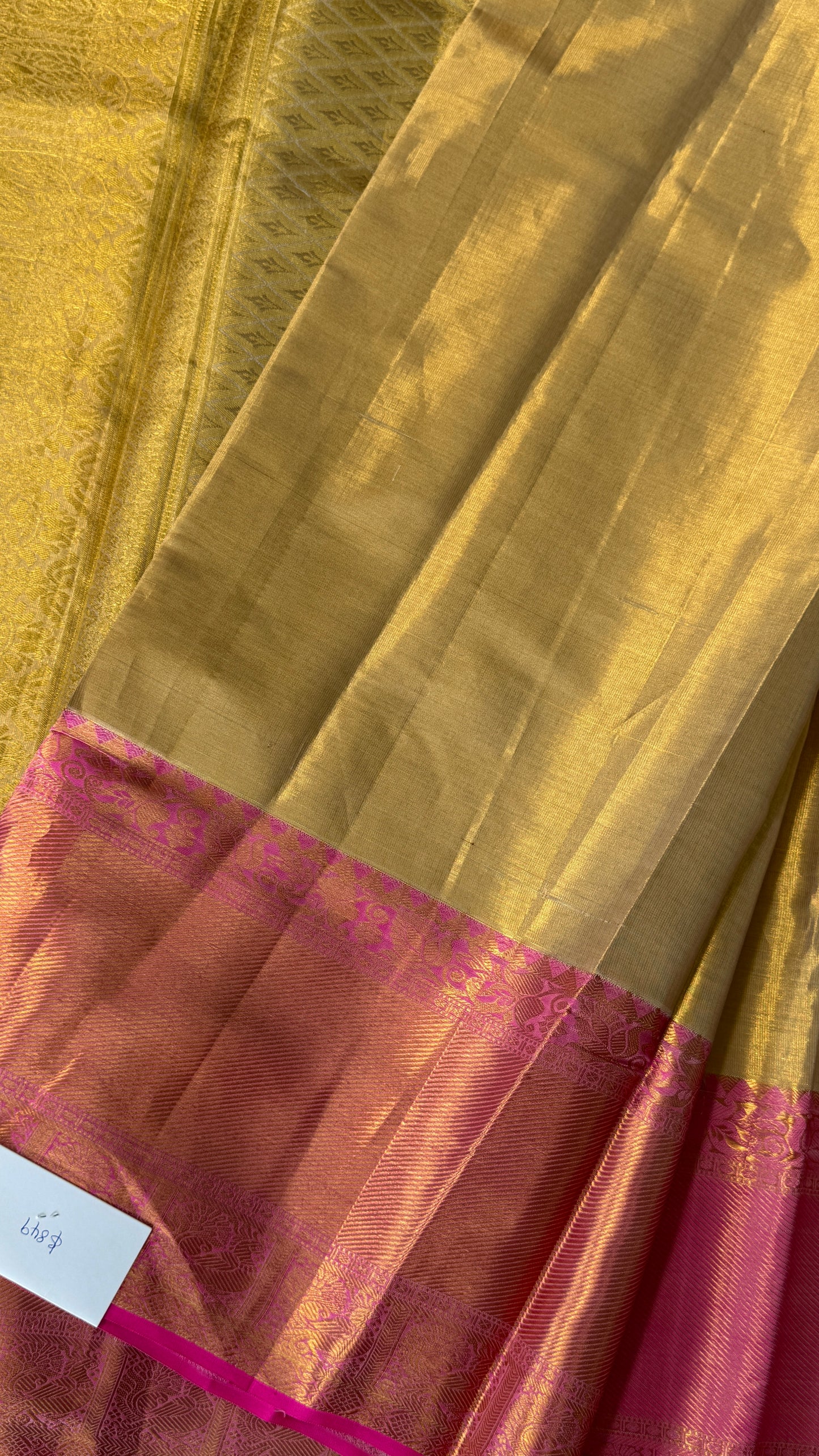 PURE TISSUE KANJIVARAM SILK HANDLOOM SAREE – BEIGE WITH PINK BORDER