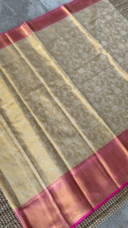 PURE TISSUE KANJIVARAM SILK HANDLOOM SAREE – BEIGE WITH PINK BORDER
