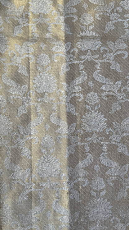 PURE TISSUE KANJIVARAM SILK HANDLOOM SAREE – BEIGE WITH PINK BORDER