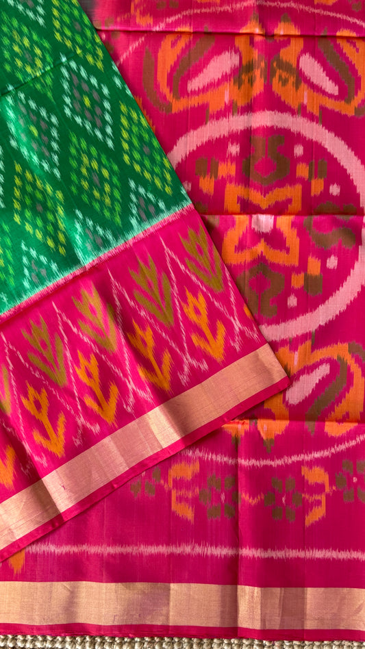 PURE SOFT SILK HANDLOOM SAREE – BOTTLE GREEN WITH PINK BORDER