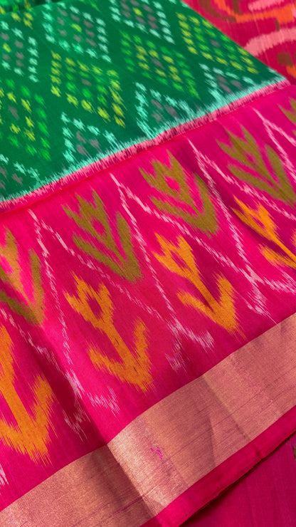 PURE SOFT SILK HANDLOOM SAREE – BOTTLE GREEN WITH PINK BORDER