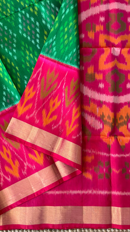 PURE SOFT SILK HANDLOOM SAREE – BOTTLE GREEN WITH PINK BORDER