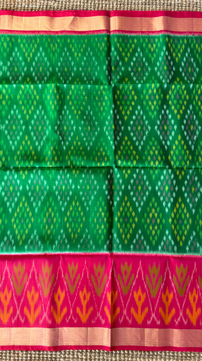 PURE SOFT SILK HANDLOOM SAREE – BOTTLE GREEN WITH PINK BORDER