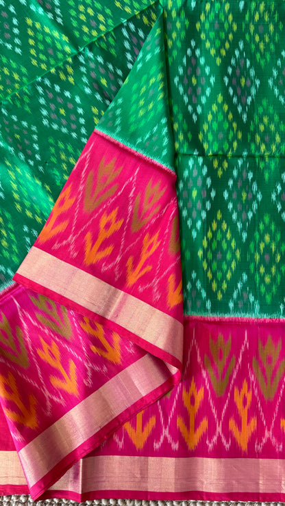 PURE SOFT SILK HANDLOOM SAREE – BOTTLE GREEN WITH PINK BORDER