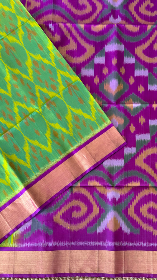 PURE SOFT SILK HANDLOOM SAREE – PARROT GREEN BODY WITH PURPLE PALLU & IKKAT DESIGN