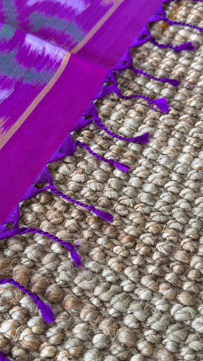 PURE SOFT SILK HANDLOOM SAREE – PARROT GREEN BODY WITH PURPLE PALLU & IKKAT DESIGN