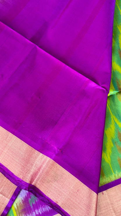 PURE SOFT SILK HANDLOOM SAREE – PARROT GREEN BODY WITH PURPLE PALLU & IKKAT DESIGN