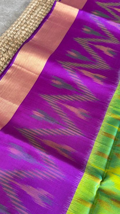 PURE SOFT SILK HANDLOOM SAREE – PARROT GREEN BODY WITH PURPLE PALLU & IKKAT DESIGN