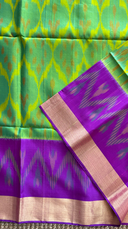 PURE SOFT SILK HANDLOOM SAREE – PARROT GREEN BODY WITH PURPLE PALLU & IKKAT DESIGN