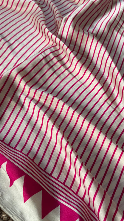 White and Hotpink Modal Satin Saree with Temple Printed Border & Circle Design Pallu