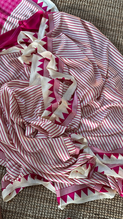 White and Hotpink Modal Satin Saree with Temple Printed Border & Circle Design Pallu