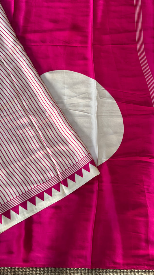 White and Hotpink Modal Satin Saree with Temple Printed Border & Circle Design Pallu